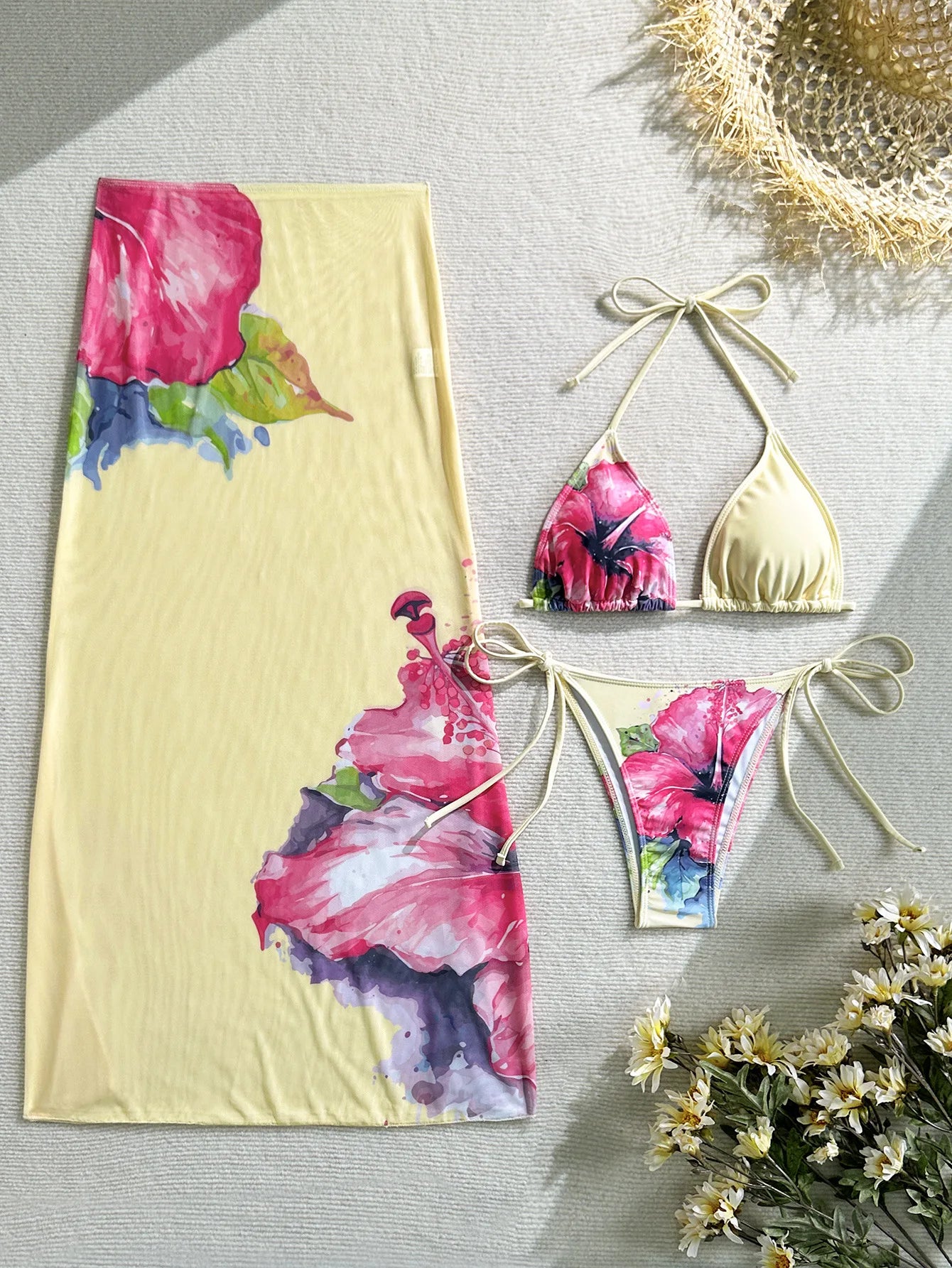 Flower Print Bikini Set with Long Skirt 3 Piece Swimsuit