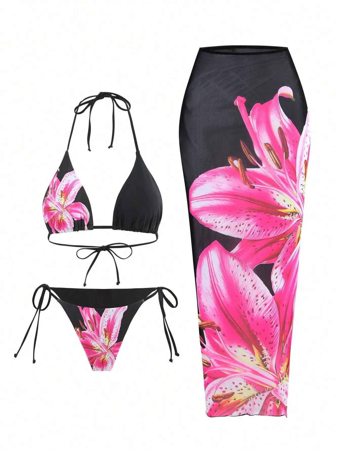 Flower Print Bikini Set with Long Skirt 3 Piece Swimsuit