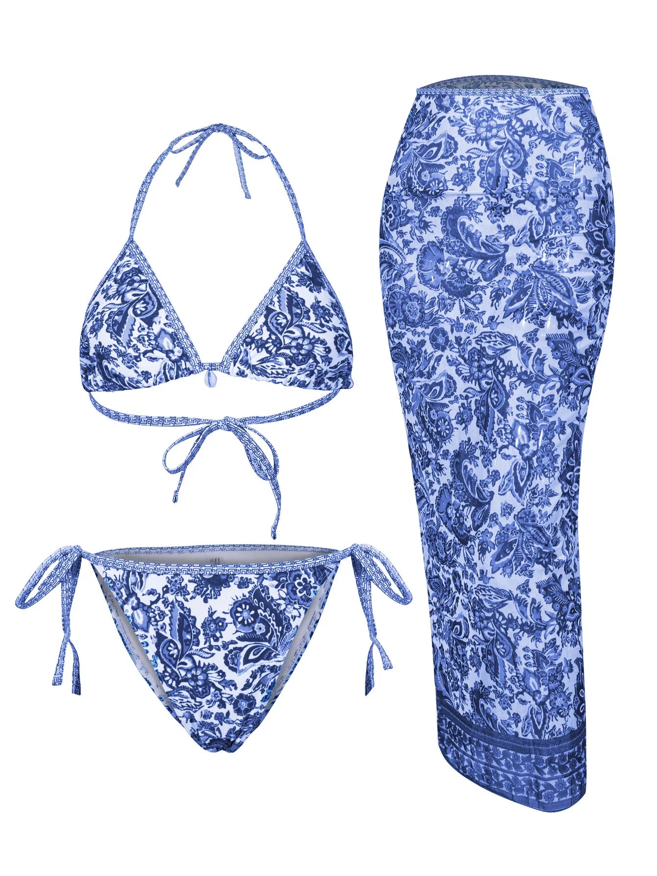 Flower Print Bikini Set with Long Skirt 3 Piece Swimsuit