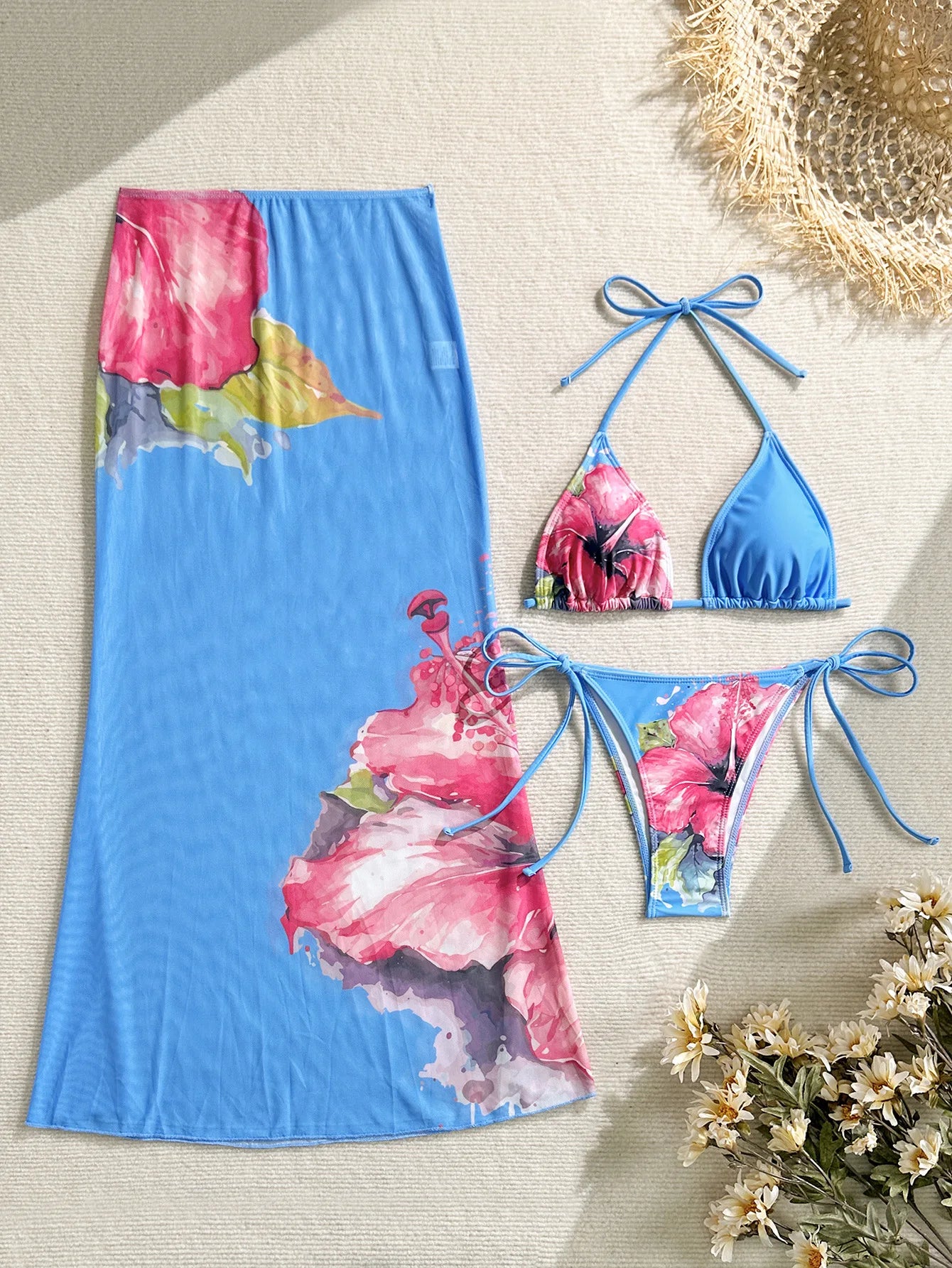 Flower Print Bikini Set with Long Skirt 3 Piece Swimsuit