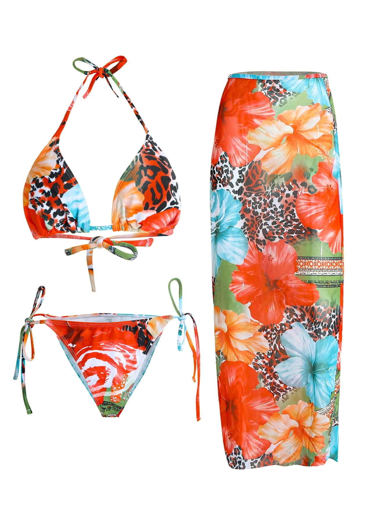 Flower Print Bikini Set with Long Skirt 3 Piece Swimsuit