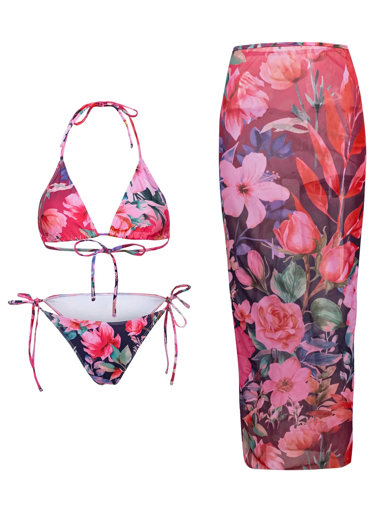 Flower Print Bikini Set with Long Skirt 3 Piece Swimsuit