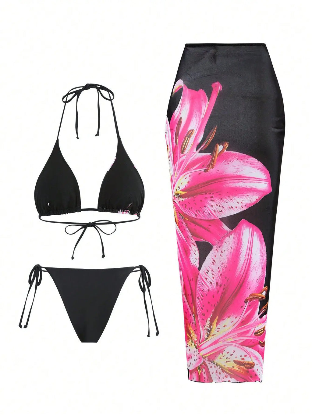 Flower Print Bikini Set with Long Skirt 3 Piece Swimsuit