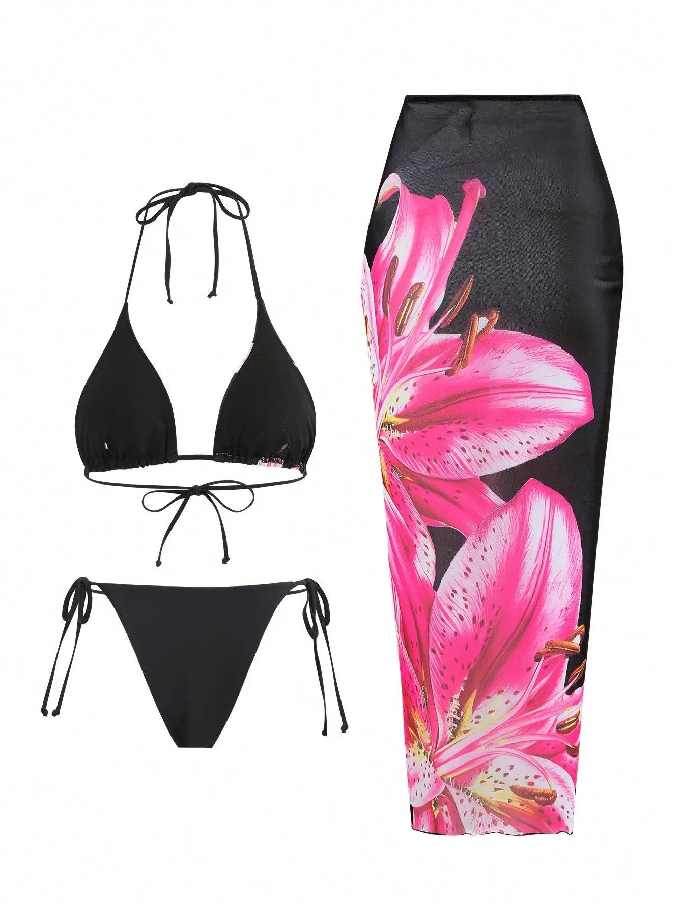 Flower Print Bikini Set with Long Skirt 3 Piece Swimsuit