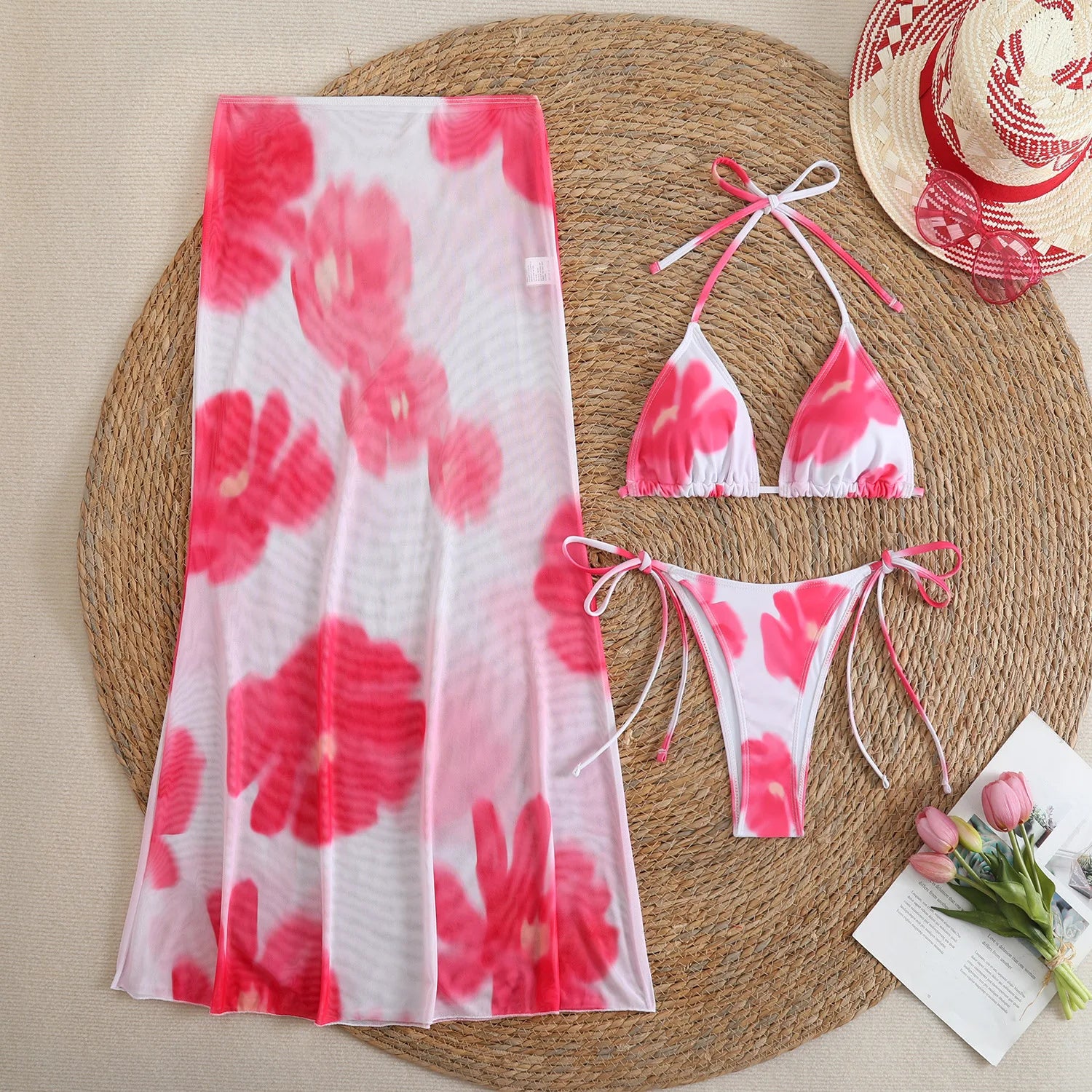 Flower Print Bikini Set with Long Skirt 3 Piece Swimsuit