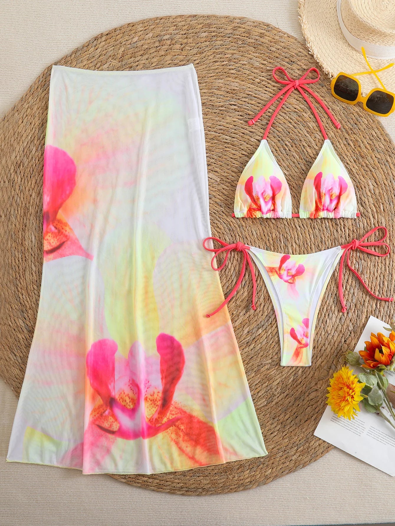 Flower Print Bikini Set with Long Skirt 3 Piece Swimsuit