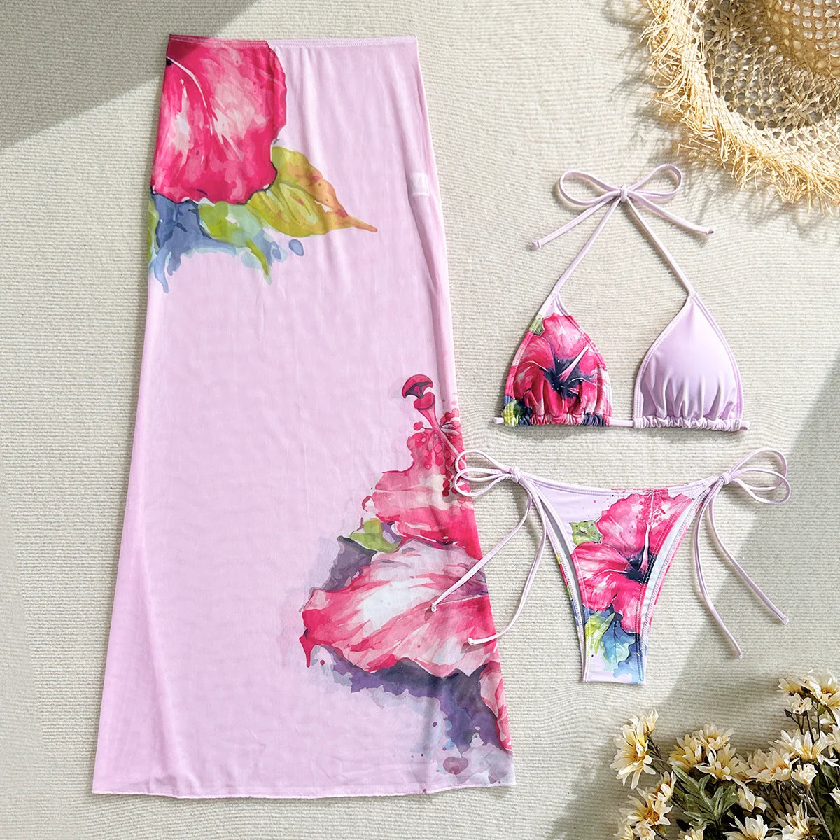 Flower Print Bikini Set with Long Skirt 3 Piece Swimsuit