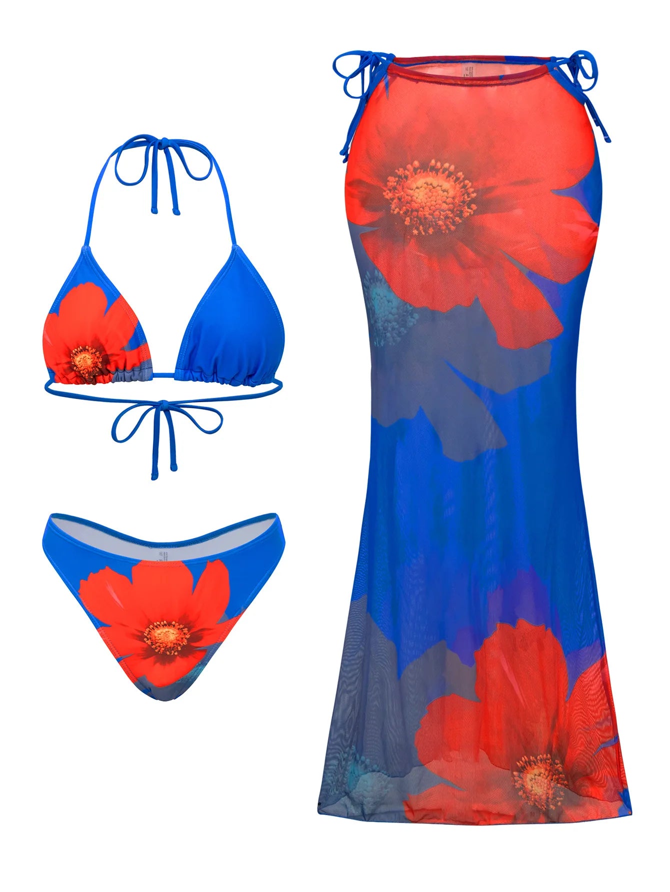 Flower Print Bikini Set with Long Skirt 3 Piece Swimsuit