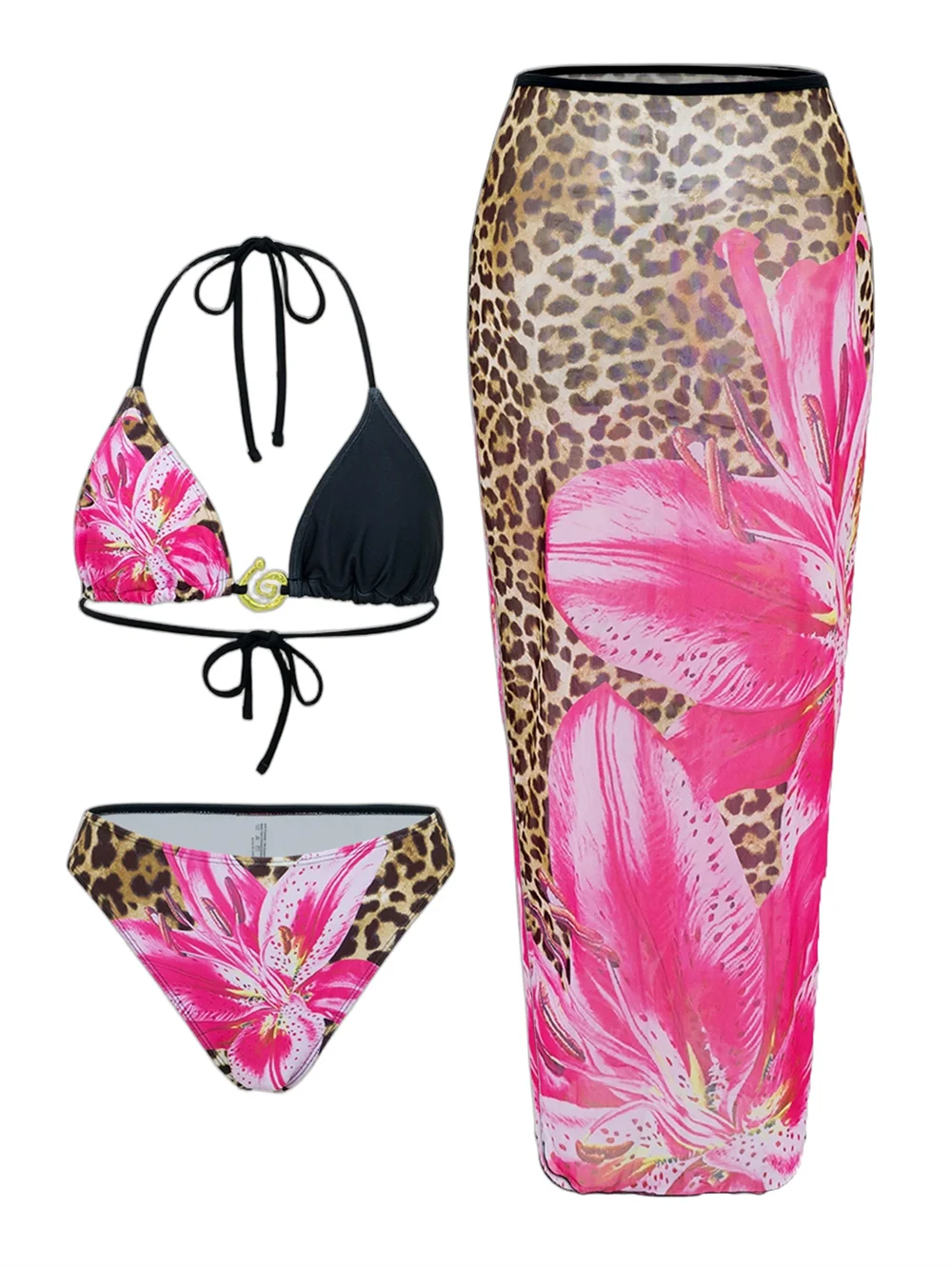 Flower Print Bikini Set with Long Skirt 3 Piece Swimsuit