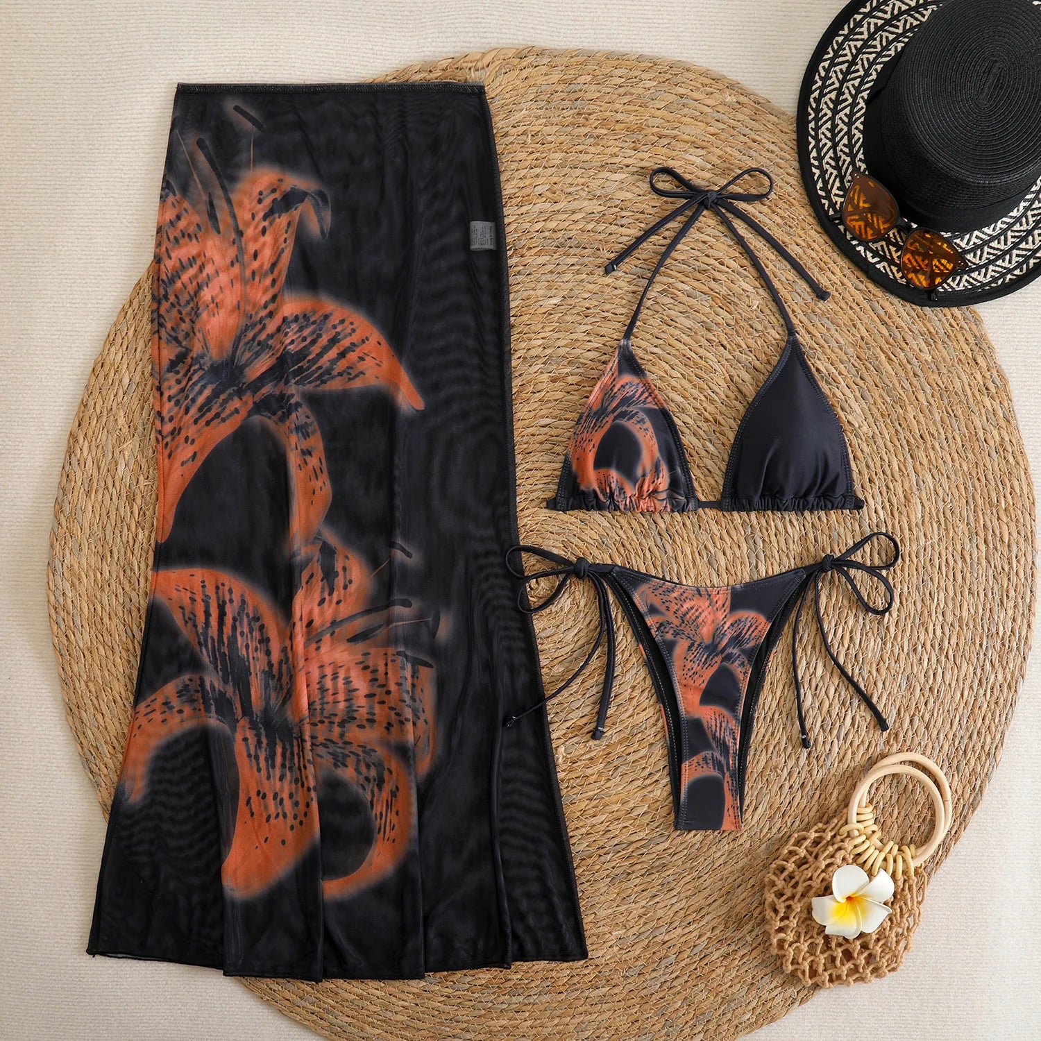 Flower Print Bikini Set with Long Skirt 3 Piece Swimsuit