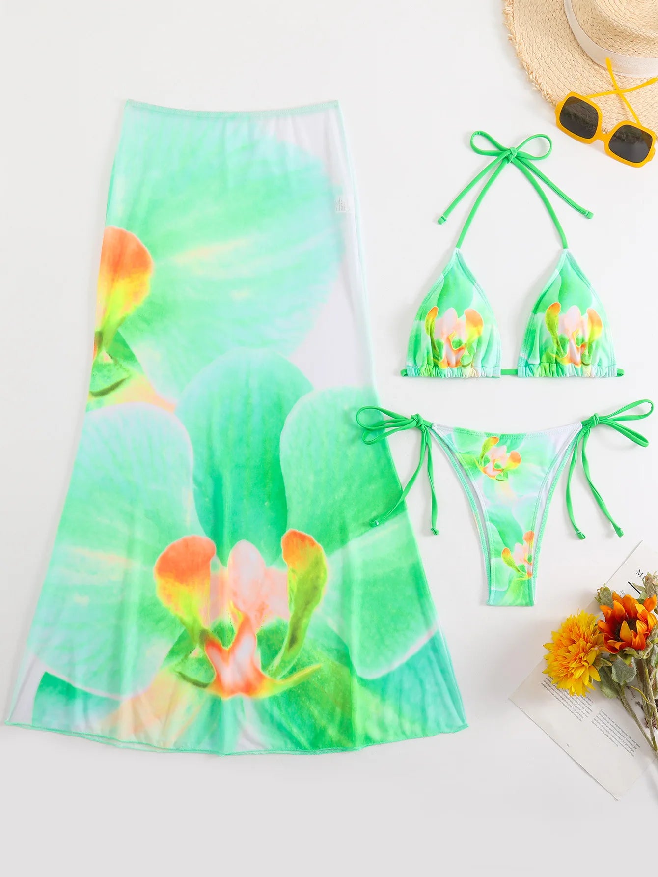 Flower Print Bikini Set with Long Skirt 3 Piece Swimsuit