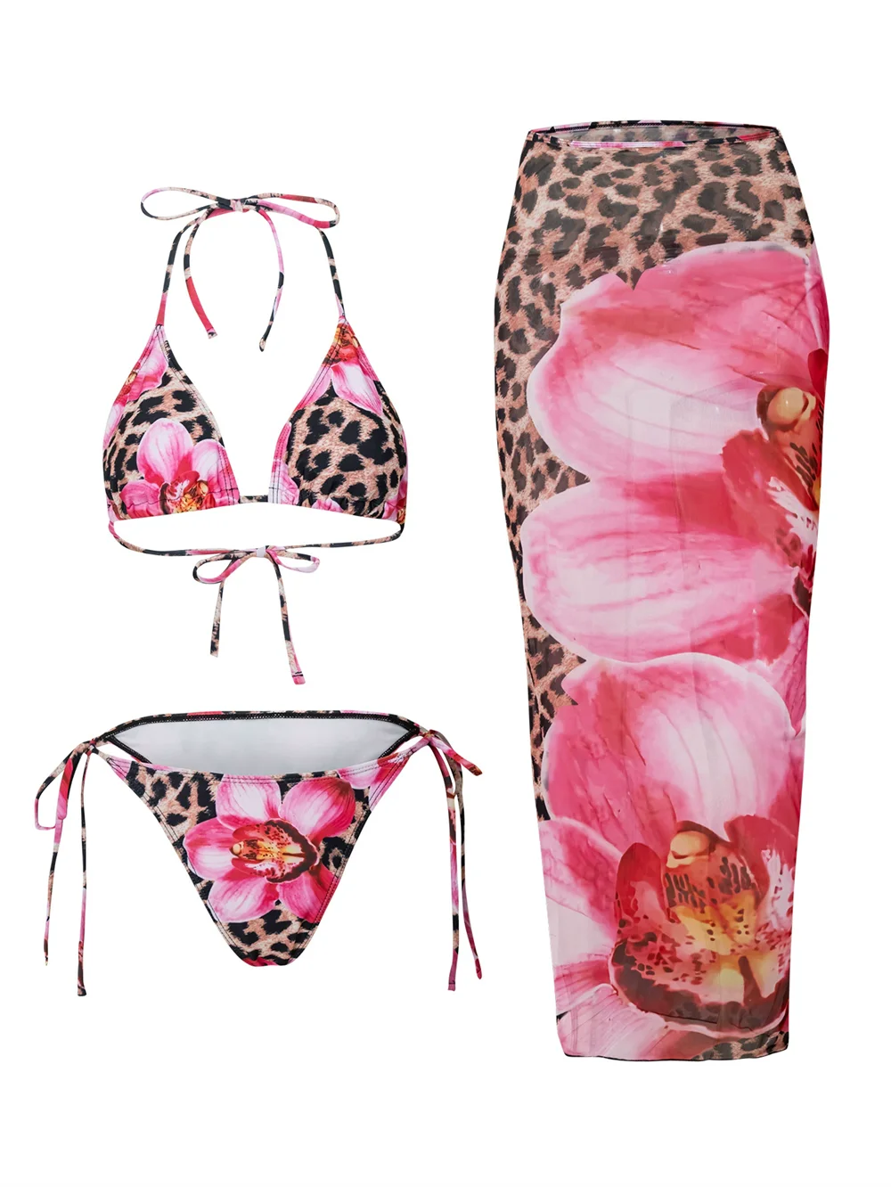 Flower Print Bikini Set with Long Skirt 3 Piece Swimsuit