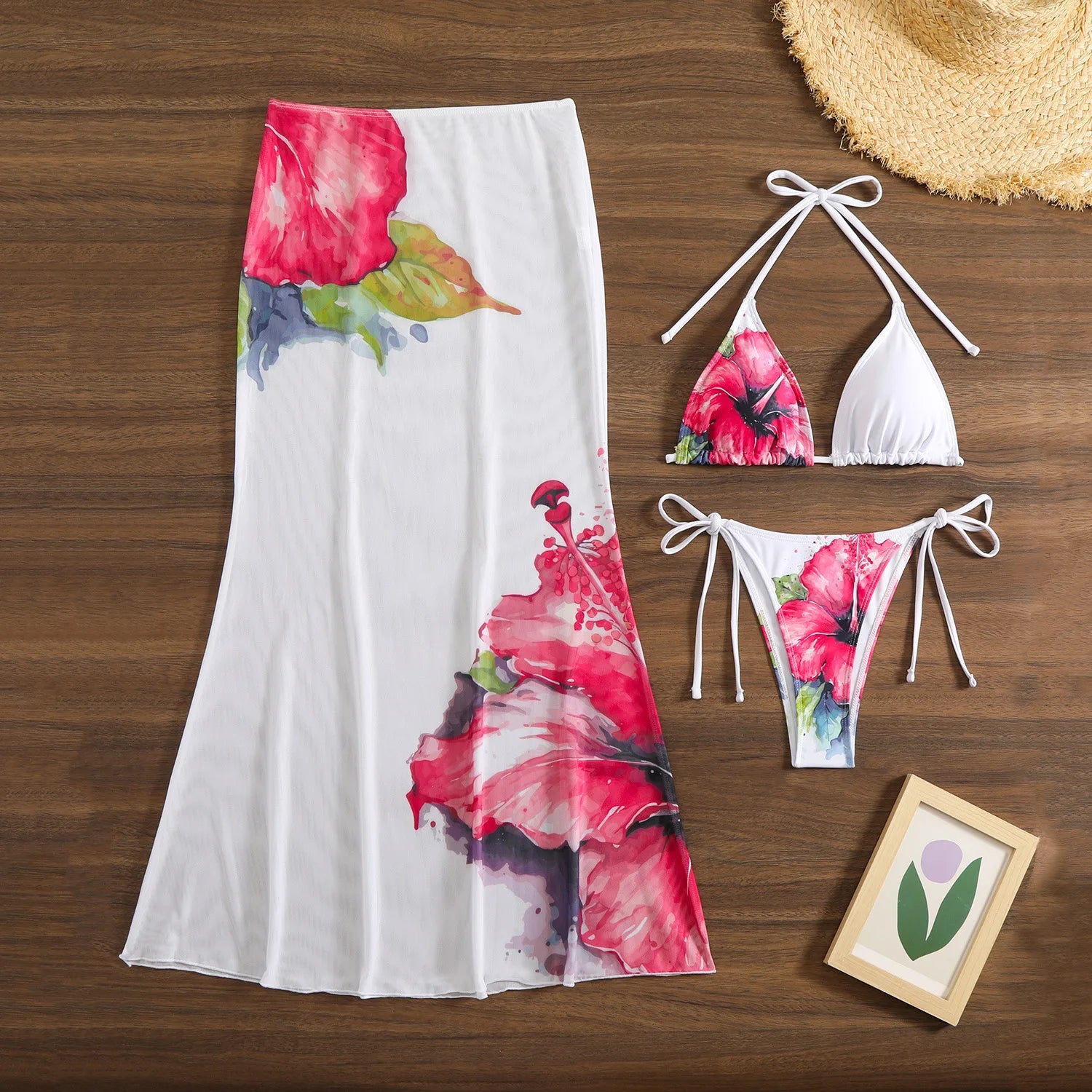 Flower Print Bikini Set with Long Skirt 3 Piece Swimsuit