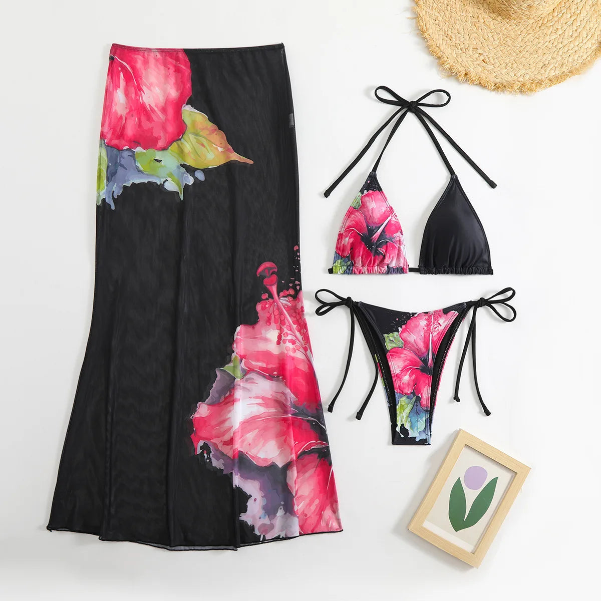 Flower Print Bikini Set with Long Skirt 3 Piece Swimsuit